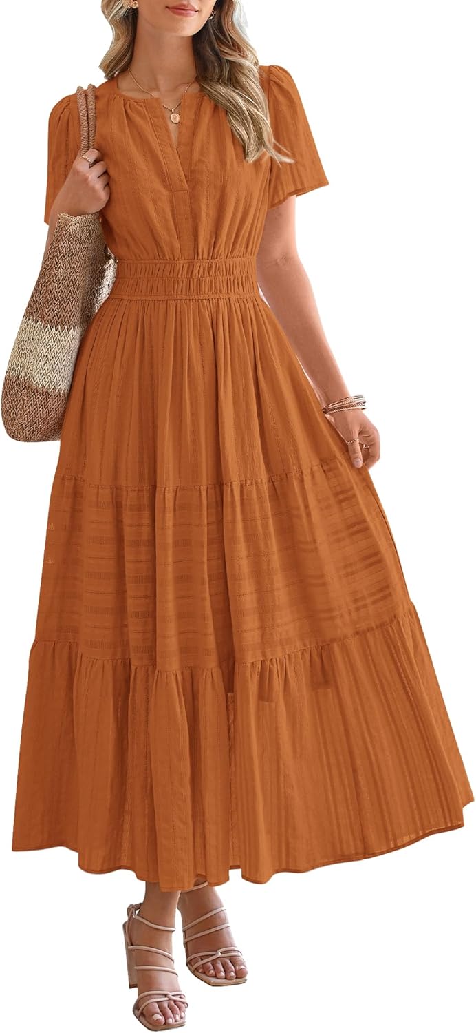 Womens Summer Lightweight Short Sleeve V Casual Midi Maxi Dresses(BUY 2 FREE SHIPPING)