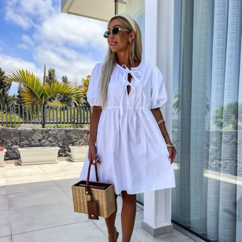 đWhat should I wear tomorrow?đWomenâs Trendy Solid Color Bow Tie Front Puff Sleeve Dress