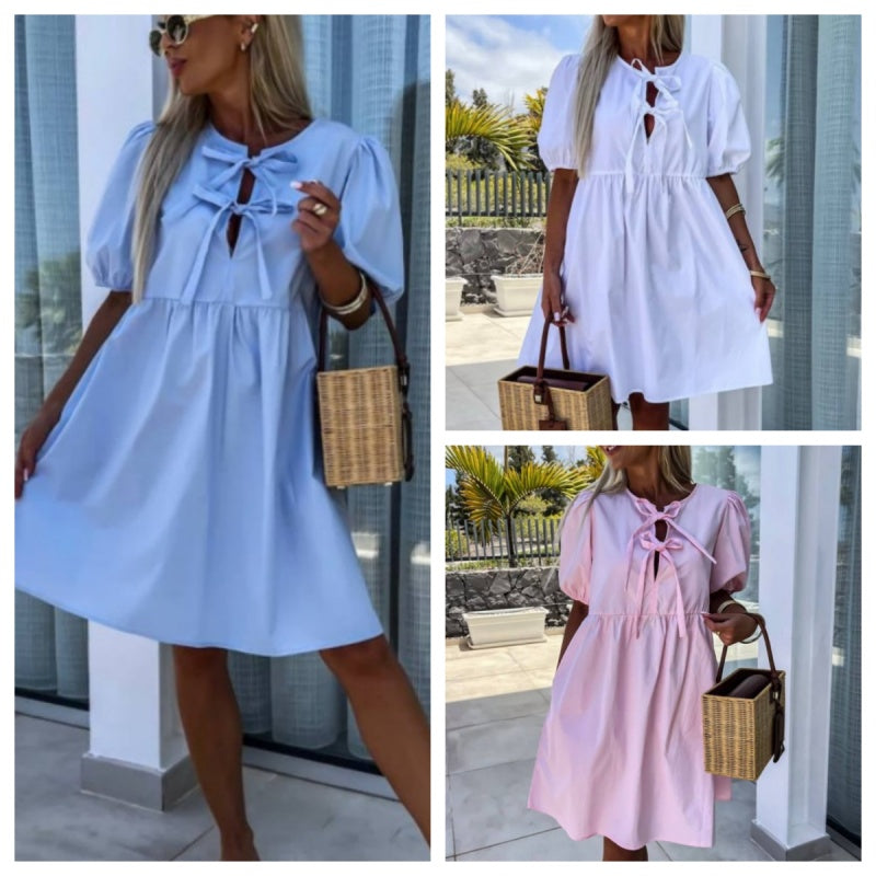 đWhat should I wear tomorrow?đWomenâs Trendy Solid Color Bow Tie Front Puff Sleeve Dress