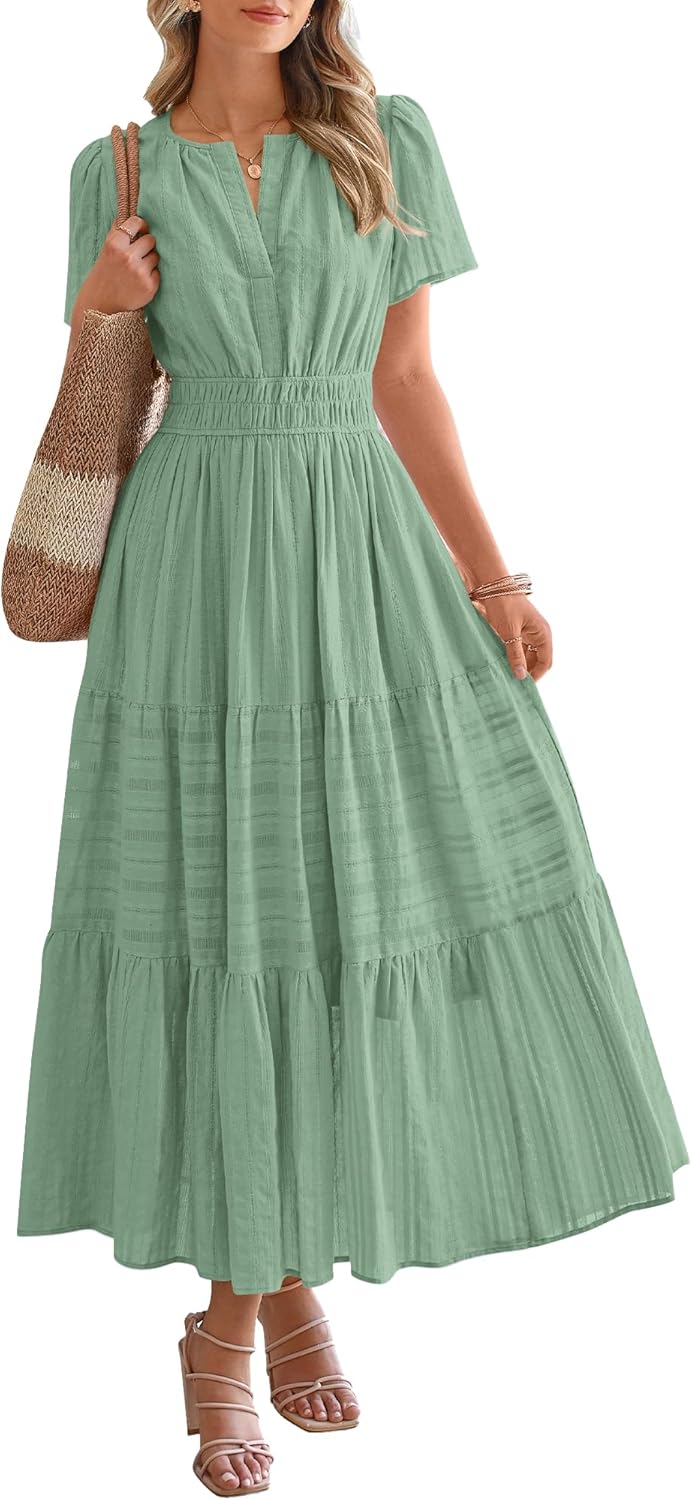 Womens Summer Lightweight Short Sleeve V Casual Midi Maxi Dresses(BUY 2 FREE SHIPPING)