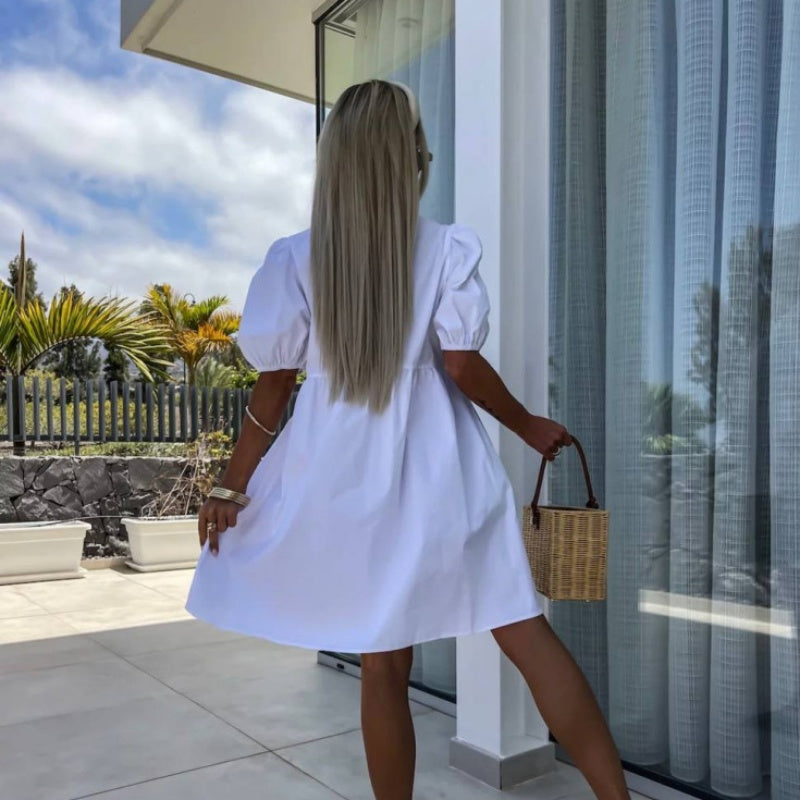 đWhat should I wear tomorrow?đWomenâs Trendy Solid Color Bow Tie Front Puff Sleeve Dress