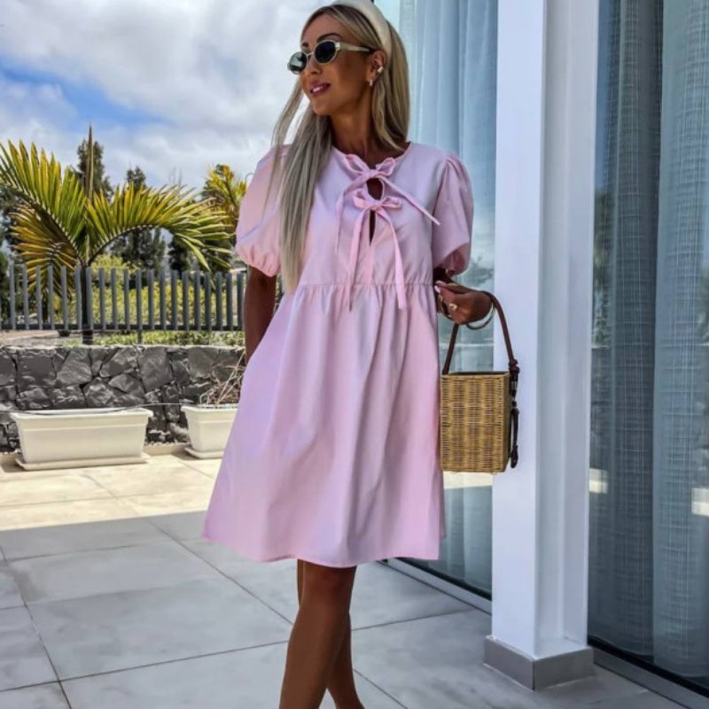 đWhat should I wear tomorrow?đWomenâs Trendy Solid Color Bow Tie Front Puff Sleeve Dress