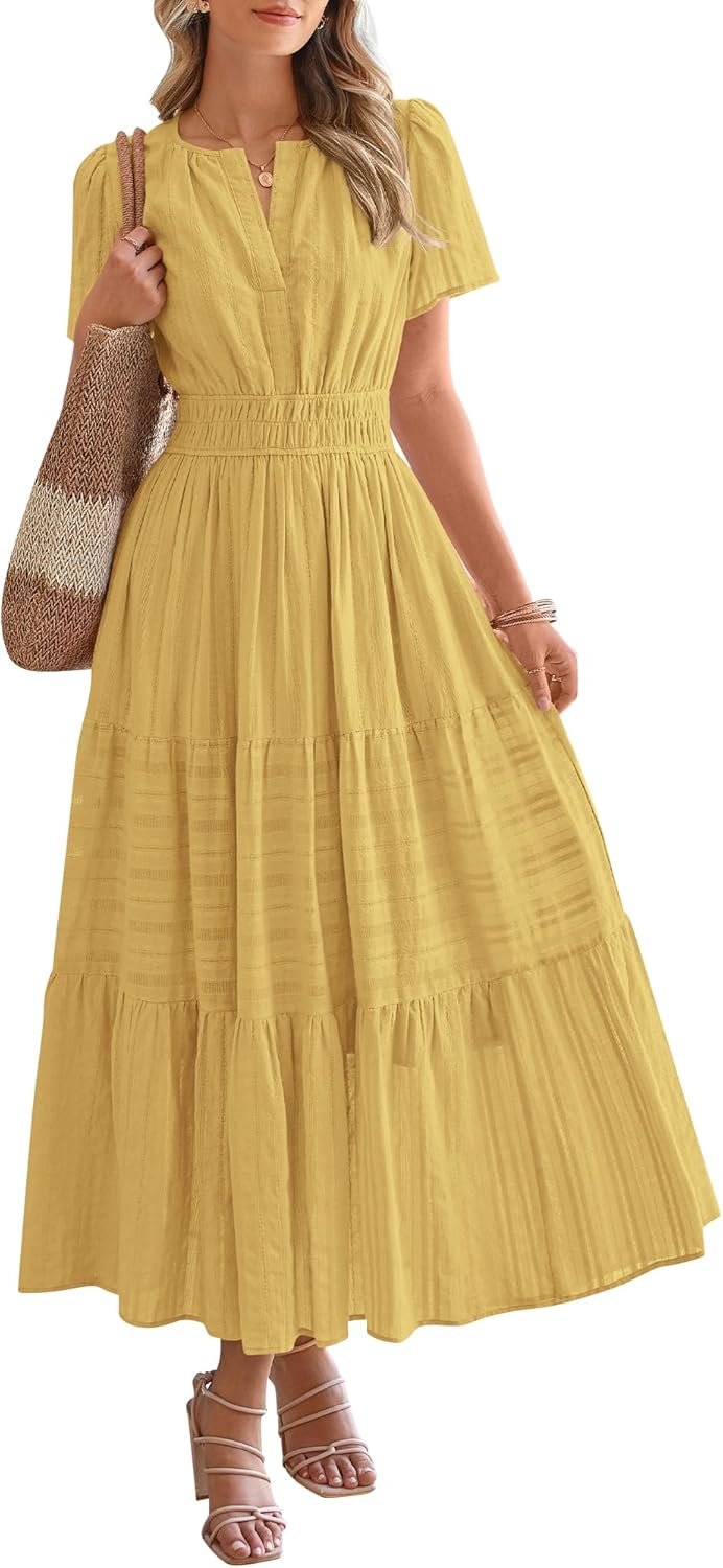 Womens Summer Lightweight Short Sleeve V Casual Midi Maxi Dresses(BUY 2 FREE SHIPPING)