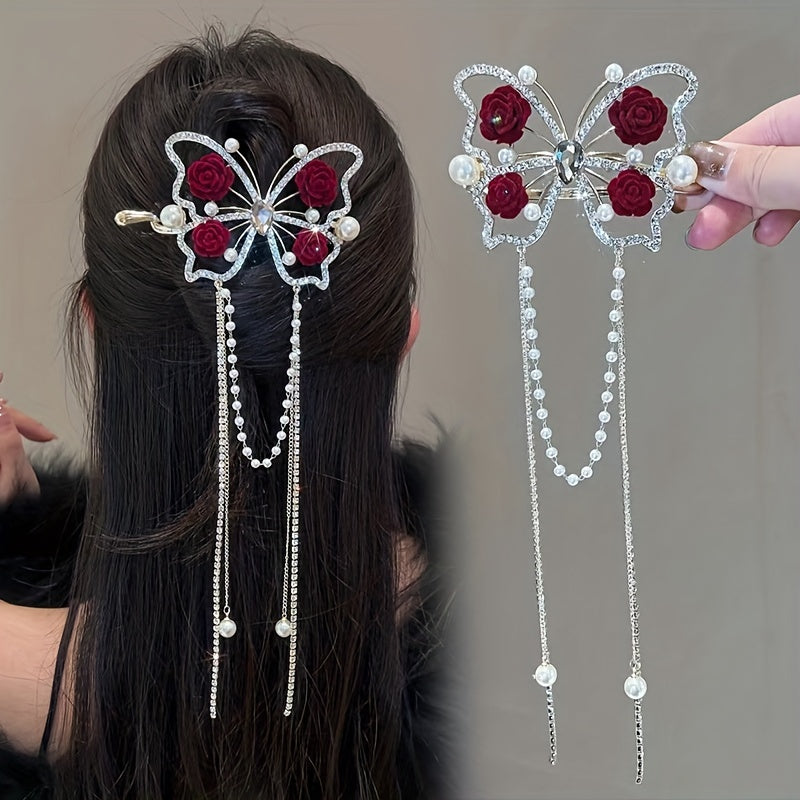 🌹Vintage butterfly rose tassel hairpin🦋