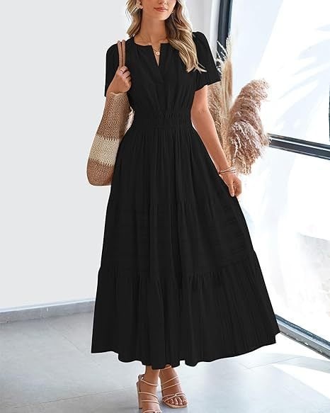 👗Women's Casual Spring Short Sleeve V Neck Maxi Dress