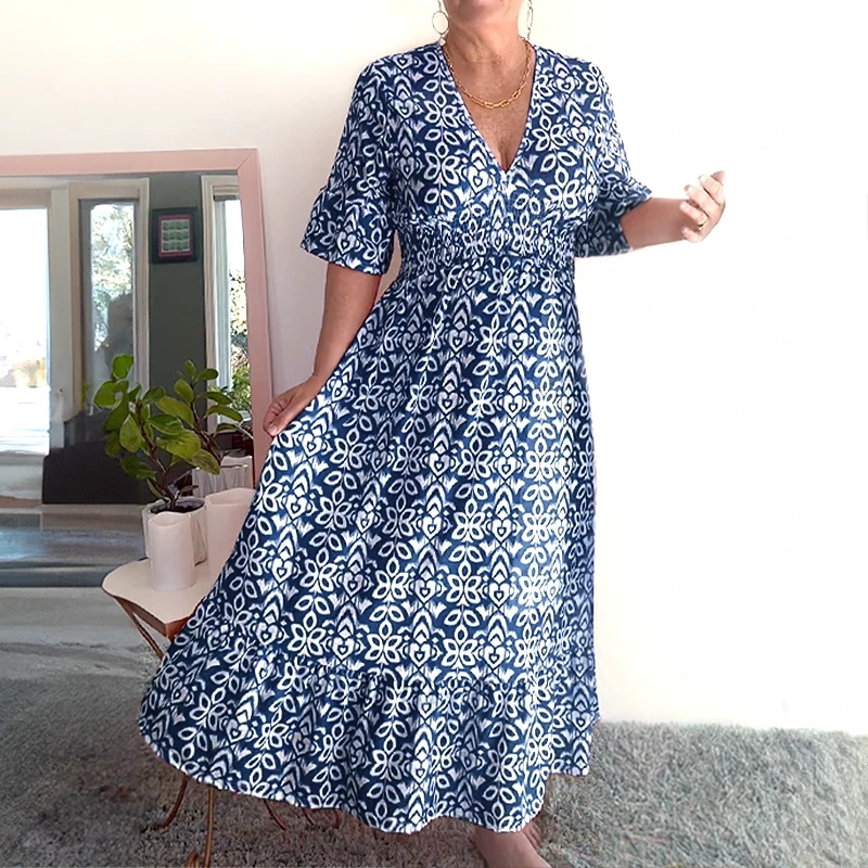 š„Hot Saleš„Bohemian casual print V-neck waist wrap long dress