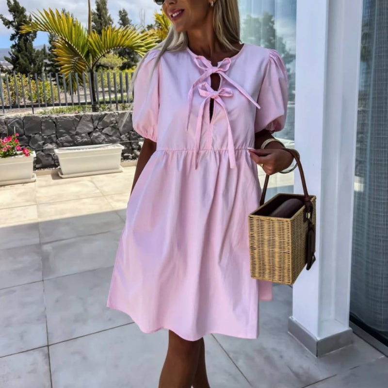đWhat should I wear tomorrow?đWomenâs Trendy Solid Color Bow Tie Front Puff Sleeve Dress