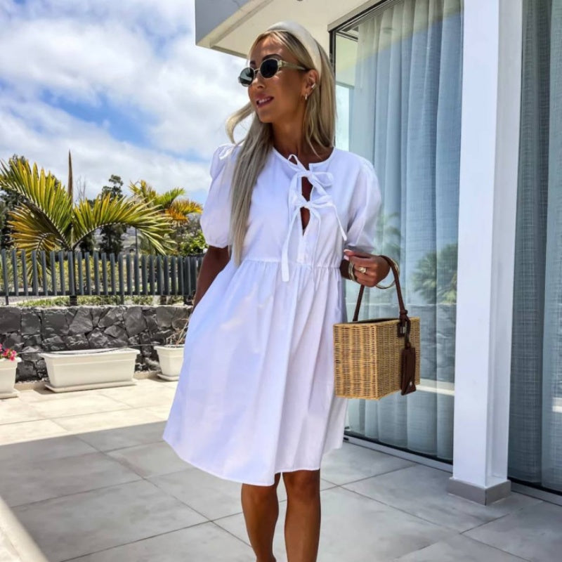 đWhat should I wear tomorrow?đWomenâs Trendy Solid Color Bow Tie Front Puff Sleeve Dress