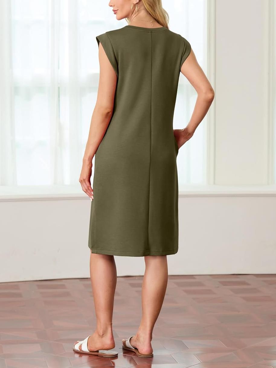 💥Women Round Neck Loose Split Wrinkle-Free Midi Dress with Pockets