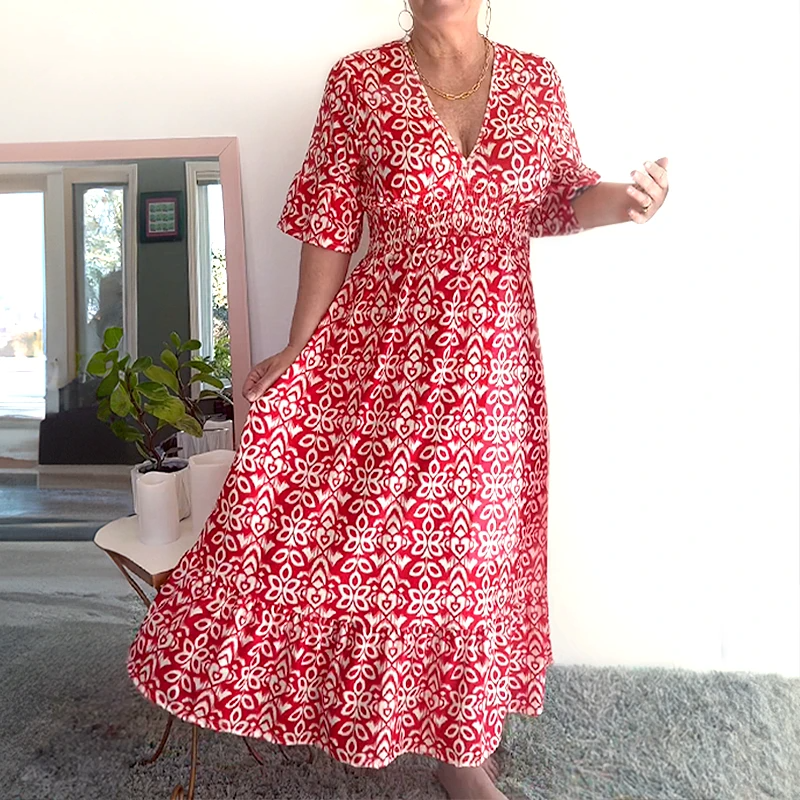 š„Hot Saleš„Bohemian casual print V-neck waist wrap long dress