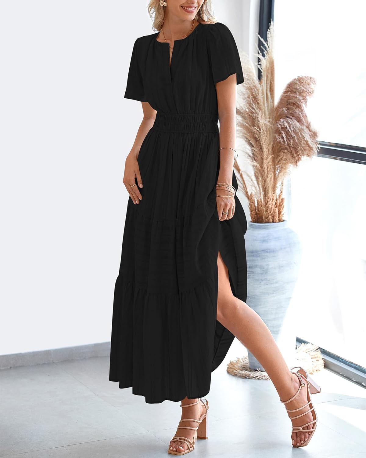 Womens Summer Lightweight Short Sleeve V Casual Midi Maxi Dresses(BUY 2 FREE SHIPPING)