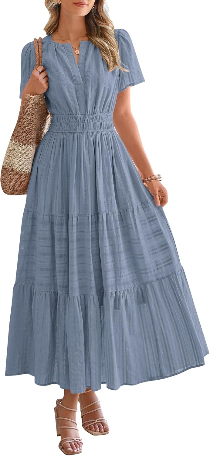 Womens Summer Lightweight Short Sleeve V Casual Midi Maxi Dresses(BUY 2 FREE SHIPPING)