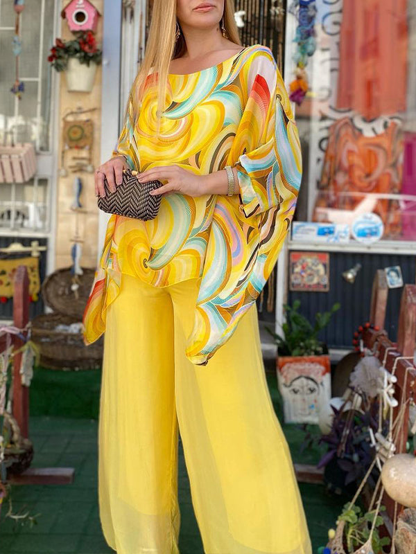 lusailstore -New Colorful Chiffon Set Casual Round Neck Print