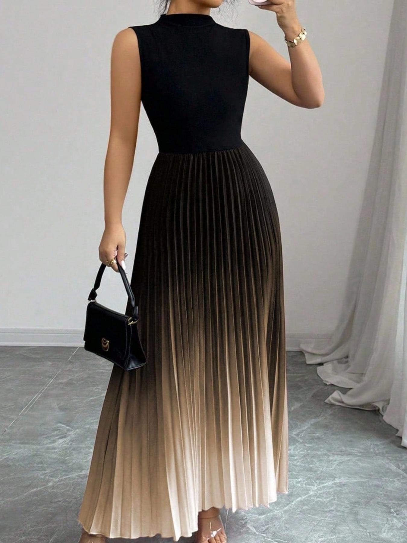 ππ Ombre Pleated Sleeveless Mock Neck Maxi Dress