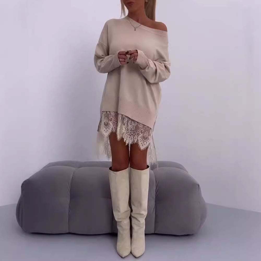 Lace Trim Split Loose Mid Length Sweatshirt