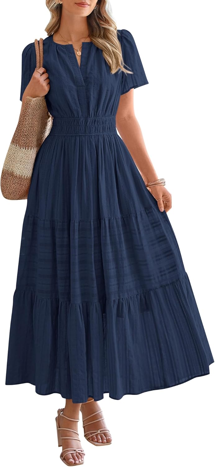 Womens Summer Lightweight Short Sleeve V Casual Midi Maxi Dresses(BUY 2 FREE SHIPPING)