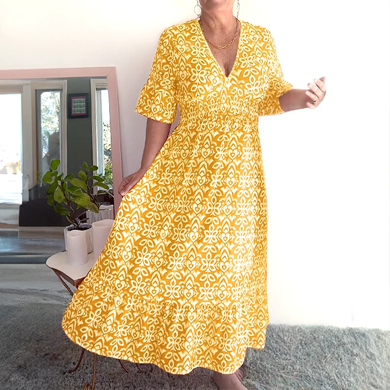 š„Hot Saleš„Bohemian casual print V-neck waist wrap long dress