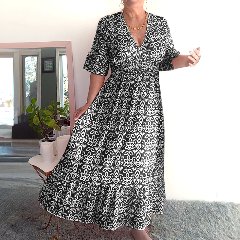 š„Hot Saleš„Bohemian casual print V-neck waist wrap long dress