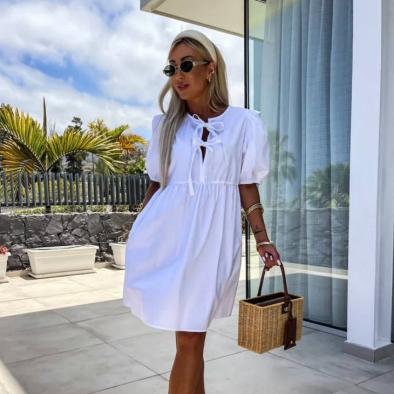 đWhat should I wear tomorrow?đWomenâs Trendy Solid Color Bow Tie Front Puff Sleeve Dress