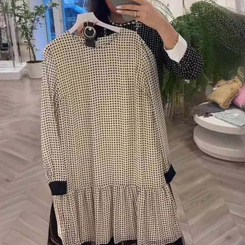 đWomenâs Elegant Round-neck Long-sleeve Polka Dot Dress