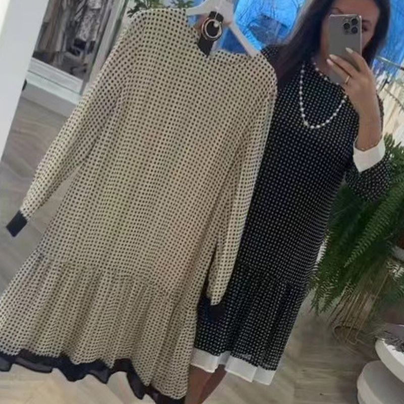đWomenâs Elegant Round-neck Long-sleeve Polka Dot Dress