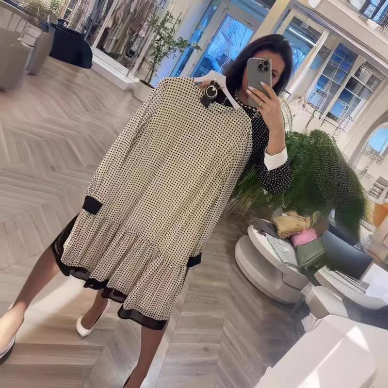 đWomenâs Elegant Round-neck Long-sleeve Polka Dot Dress