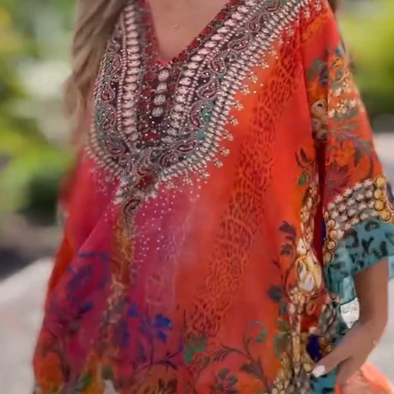 Needtoknitš„Hot saleš„- loose printed v-neck ethnic style blouses