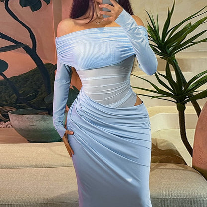 🔥Limited time offer, last day 59% off🔥Make you the focus of the party, solid color off-shoulder pleated transparent mesh dress
