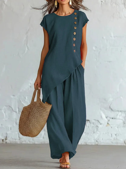 Asymmetrical Short-Sleeved Top And Wide-Leg Trousers Set