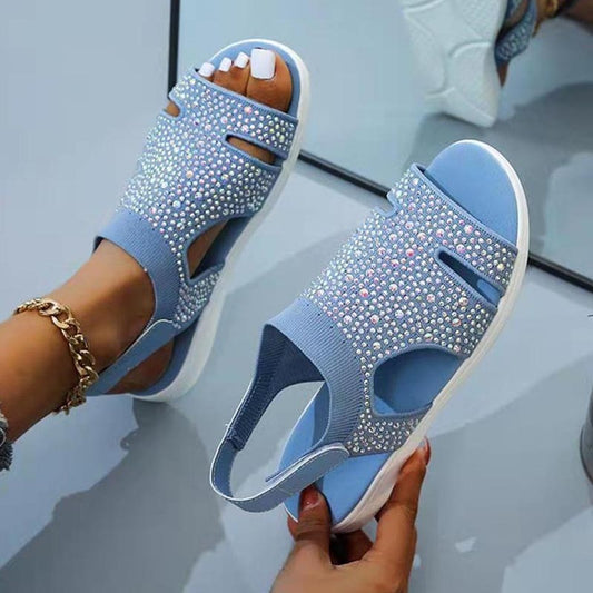 Women Rhinestone Slip-on Stretchable Platform Sandals