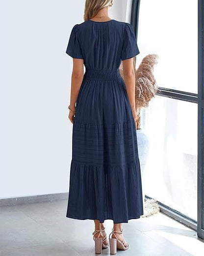 👗Women's Casual Spring Short Sleeve V Neck Maxi Dress