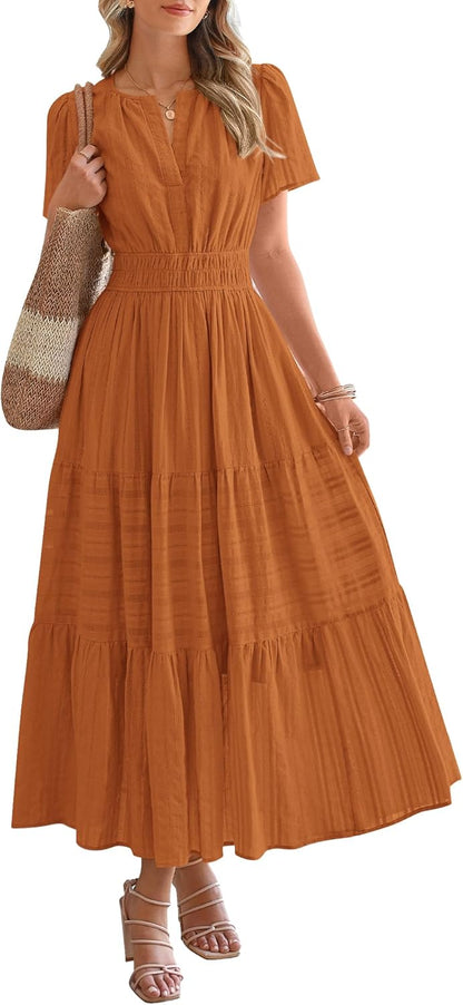 Womens Summer Lightweight Short Sleeve V Casual Midi Maxi Dresses(BUY 2 FREE SHIPPING)