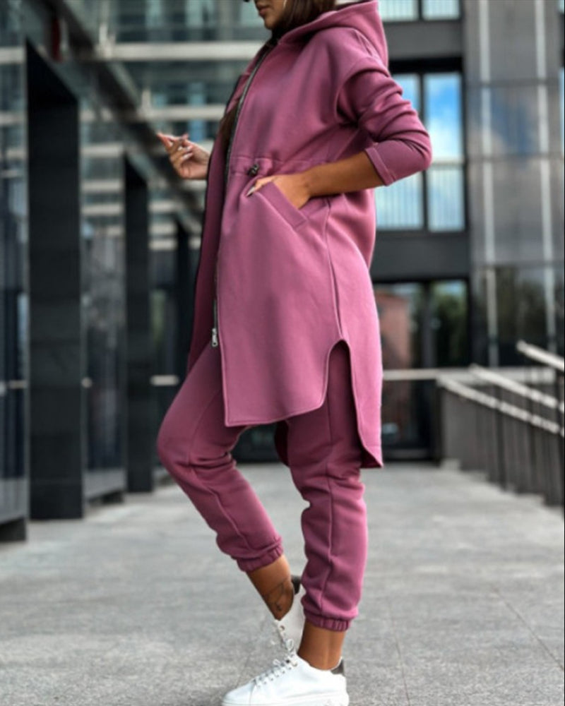 Two-piece set consisting of a plain coat and trousers