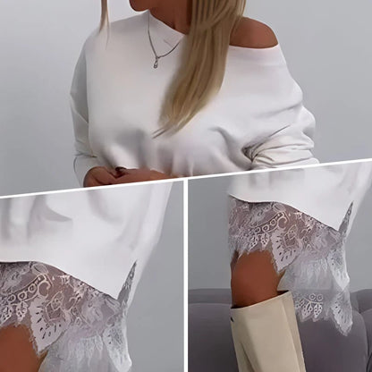 Lace Trim Split Loose Mid Length Sweatshirt