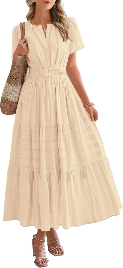 Womens Summer Lightweight Short Sleeve V Casual Midi Maxi Dresses(BUY 2 FREE SHIPPING)
