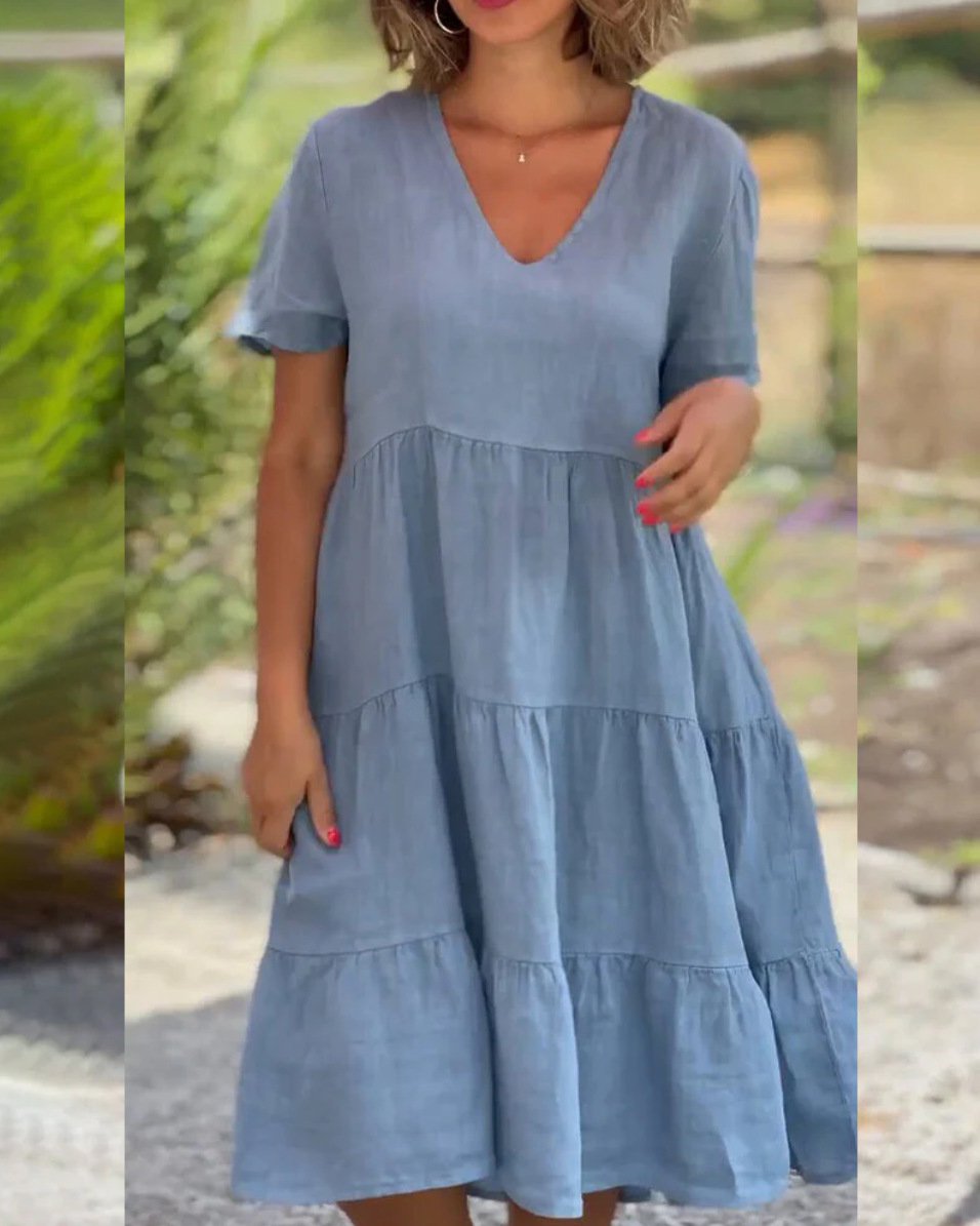 Cotton Linen V-Neck Solid Color Dress