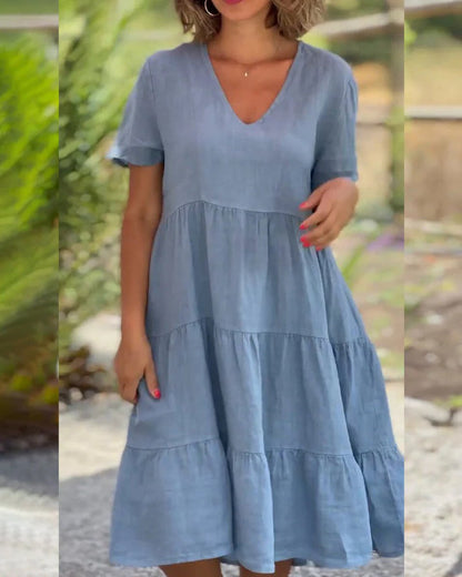 Cotton Linen V-Neck Solid Color Dress