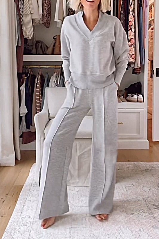 Women's Solid Color V-neck Top & Pants Two-piece Set (🔥Same as in the video)
