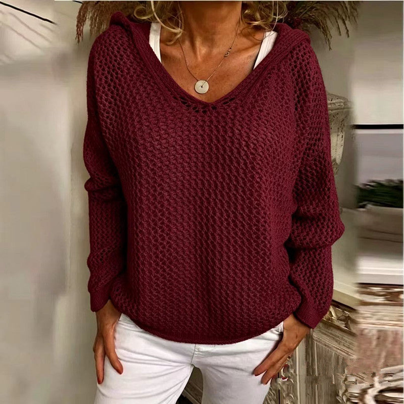 Loose-fit open-knit hooded sun-protection cardigan