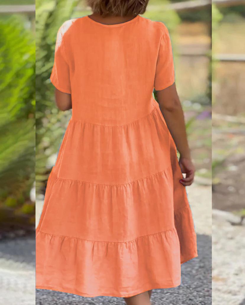 Cotton Linen V-Neck Solid Color Dress