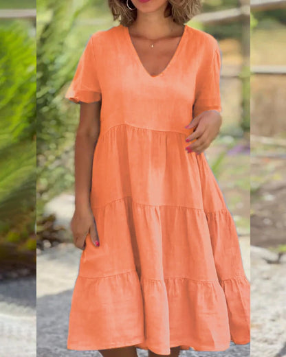 Cotton Linen V-Neck Solid Color Dress