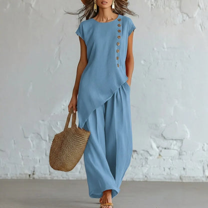 Asymmetrical Short-Sleeved Top And Wide-Leg Trousers Set