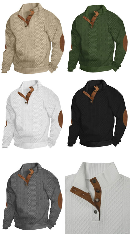 Men's Casual Jacquard Loose Half Button Standing Collar Pullover Sweatshirt