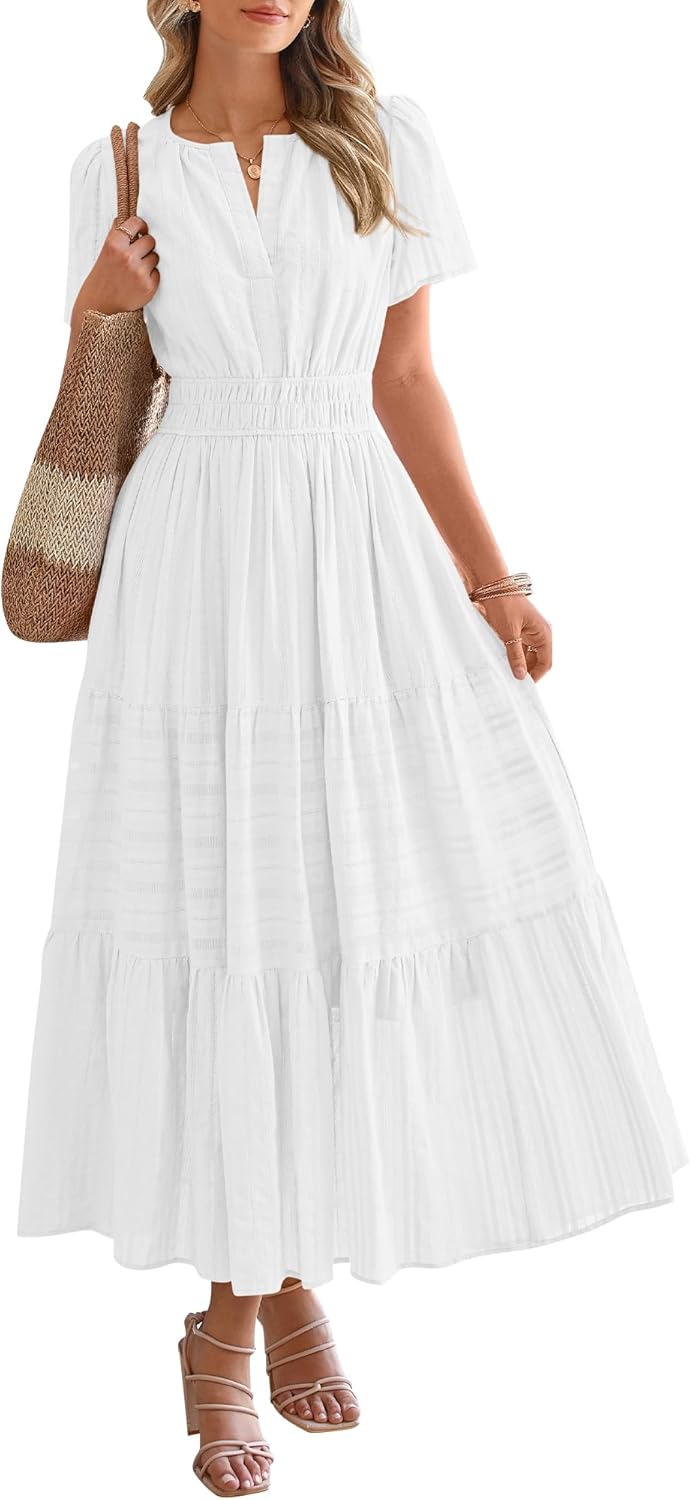 Womens Summer Lightweight Short Sleeve V Casual Midi Maxi Dresses(BUY 2 FREE SHIPPING)