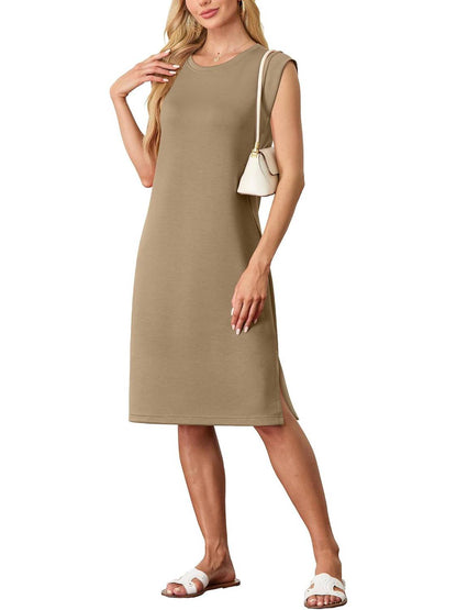 💥Women Round Neck Loose Split Wrinkle-Free Midi Dress with Pockets