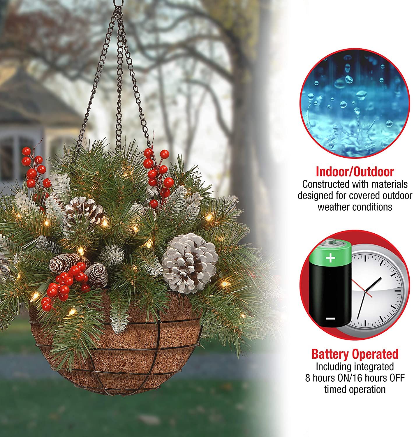 Dazzling Pre-lit Artificial Christmas Hanging Basket - Flocked with Mixed Decorations and White LED Lights - Frosted Berry