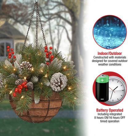 Dazzling Pre-lit Artificial Christmas Hanging Basket - Flocked with Mixed Decorations and White LED Lights - Frosted Berry