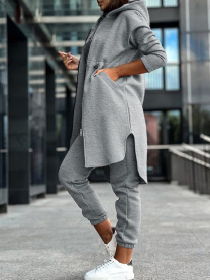 Two-piece set consisting of a plain coat and trousers