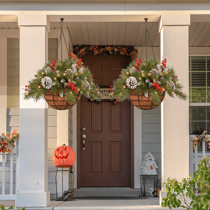 Dazzling Pre-lit Artificial Christmas Hanging Basket - Flocked with Mixed Decorations and White LED Lights - Frosted Berry