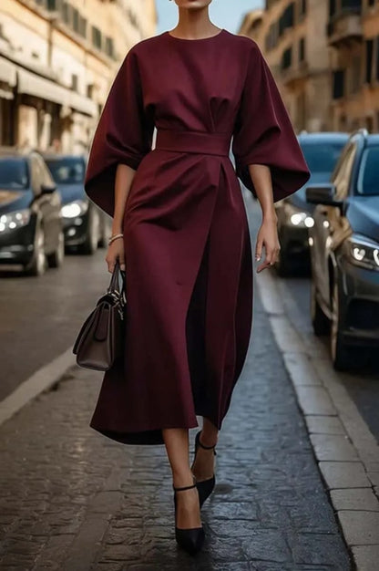 Elegant solid color waist bat sleeve dress
